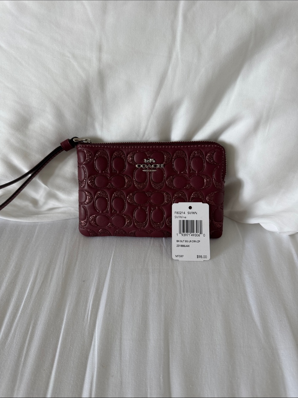Coach glitter signature logo corner zip wristlet wine color NWT